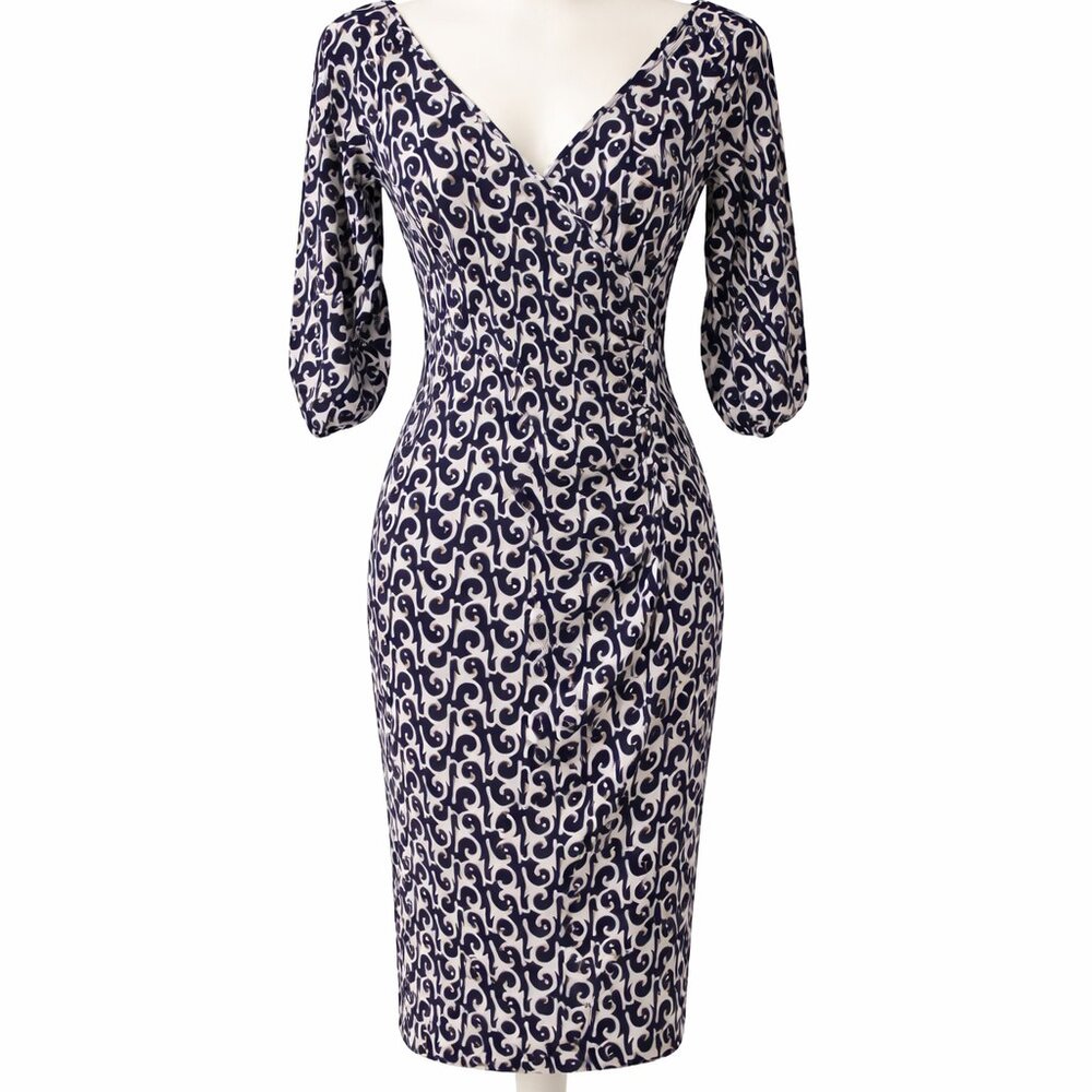 Laundry By Design Navy White Scroll Print Sheath Dress Small Stretch classic
